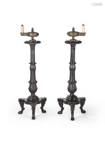 AFTER WILLIAM BULLOCK, A PAIR OF REGENCY BRONZE COLZA OIL LA...