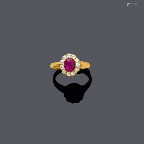 BAGUE ROSE-SAPHIR-DIAMANT, vers 1920.Or jaune env. 660, 4g.B...