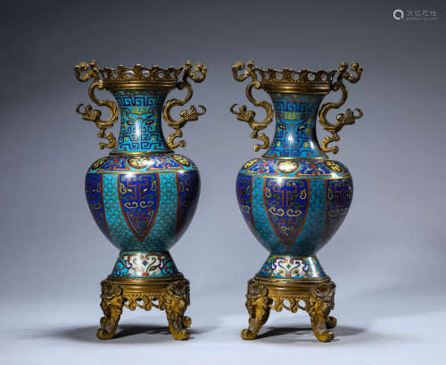 Pair of Cloisonne Enamel Taotie Vases