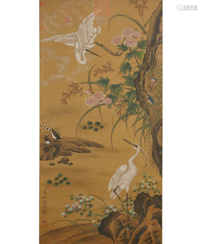 Chinese Flower and Bird Painting Silk Scroll, Emperor Huizon...