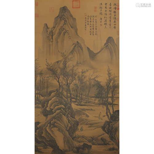 Chinese Landscape and Figure Painting Silk Scroll, Tang Yin ...