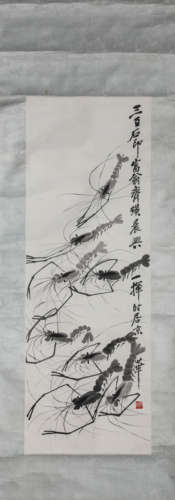 Chinese Shrimps Painting Paper Scroll, Qi Baishi Mark