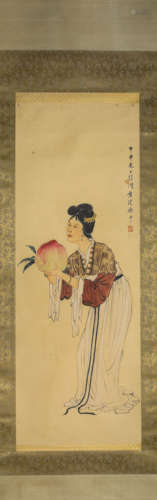 Chinese Magu Giving Birthday Painting Paper Scroll, Xu Beiho...