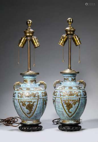 Pair of Lujun-Glazed Taotie Lamps