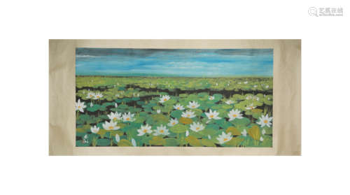 Chinese Lotus Pond Painting on Paper, Lin Fengmian Mark