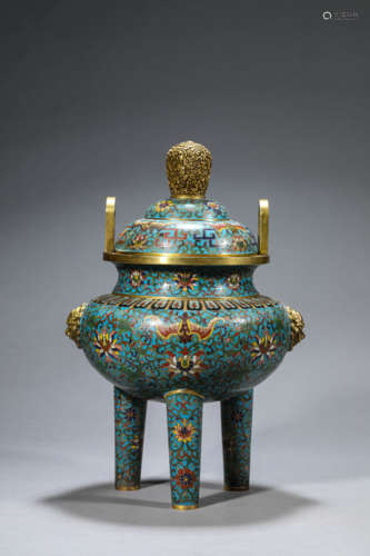 Cloisonne Enamel Interlocking Lotus Lion-Eared Censer