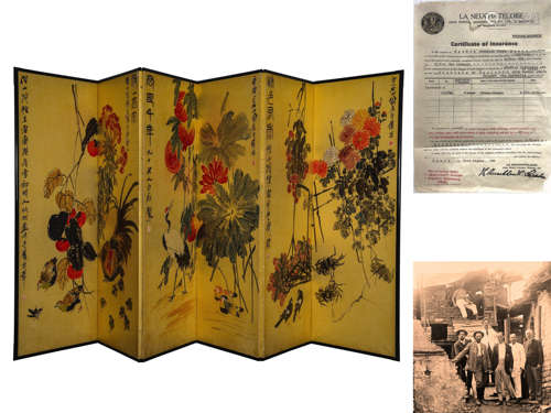 Chinese Flower and Bird Paper Painting Screen, Qi Baishi Mar...