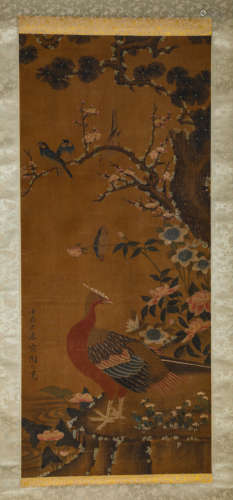 Chinese Flower and Bird Painting Silk Scroll, Zhou Zhimian M...