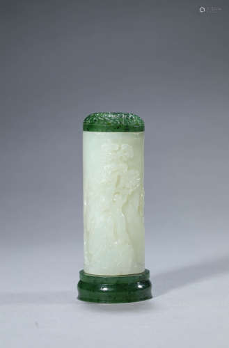 Carved Jade Scholar and Pine Incense Tube