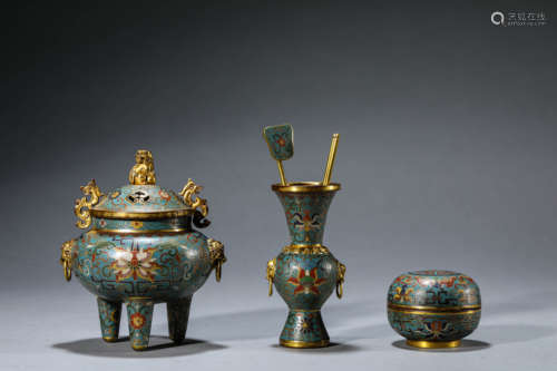 Set of Three Cloisonne Enamel Censer, Box and Vase