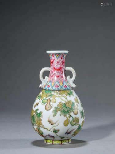 Famille Rose Double-Gourd Carved Jade Double-Eared Pot Vase