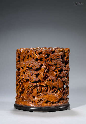 Carved Chinese Huanghuali Crane and Pine Brush Pot