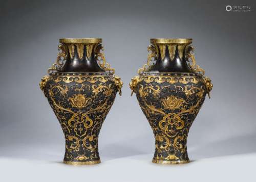 Pair of Bronze Parcel-Gilt Decorated Flower Vases