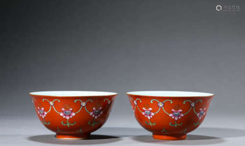 Pair of Coral-Red Ground Flower Bowls