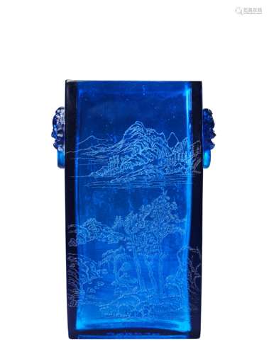 Inscribed Blue Glassware Landscape Double Lion-Eared Brush P...