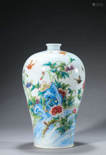 Inscribed Famille Rose Butterfly and Flower Meiping Vase