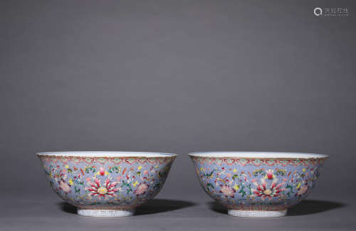 Pair of Blue-Ground Famille Rose Flower Bowls