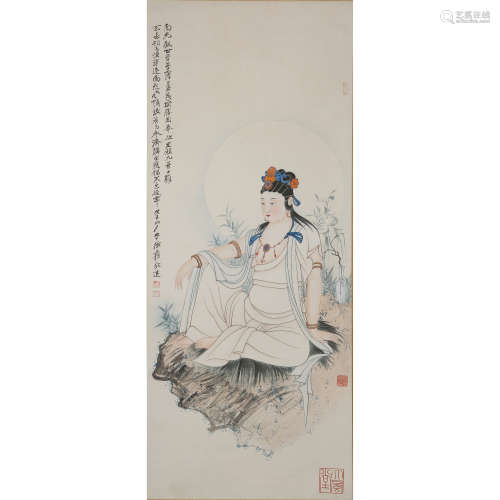 Chinese Guanyin Painting Paper Scroll, Zhang Daqian Mark