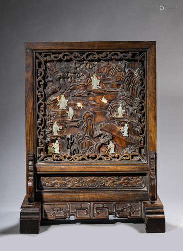 Inscribed Jade Inlaid Rosewood Table Screen