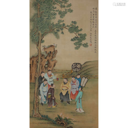 Chinese Figure Painting Silk Scroll, Xu Fangda Mark