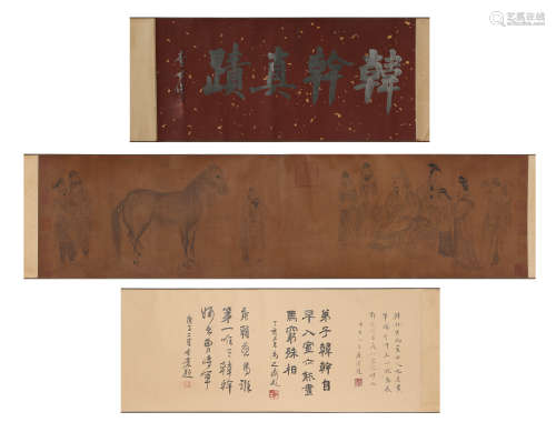 Chinese Horse and Figure Painting Paper Hand Scroll, Han Gan...