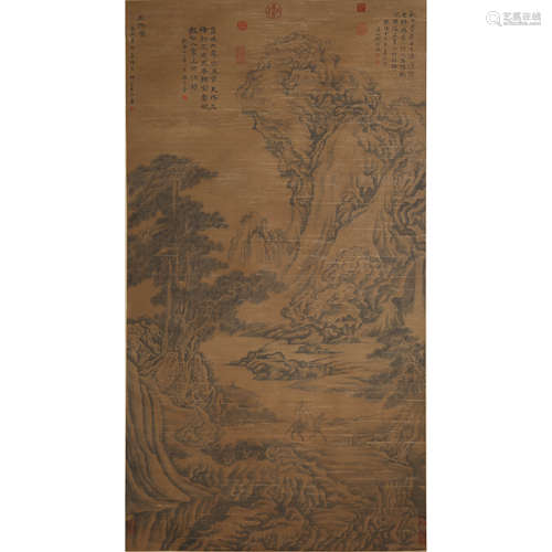 Chinese Landscape and Figure Painting Silk Scroll, Yuan Jian...