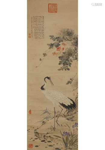 Chinese Crane Painting Paper Scroll, Emperor Jiaqing Mark
