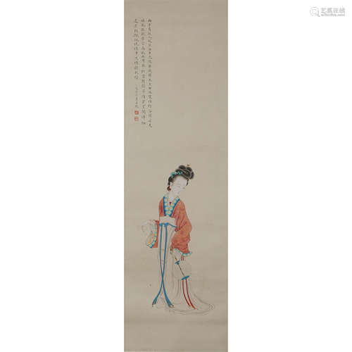 Chinese Lady Painting Paper Scroll, Lu Xiaoman Mark