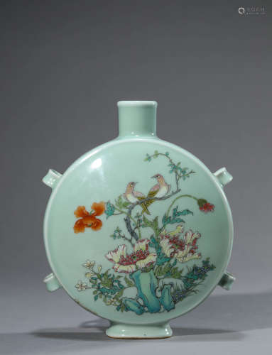 Celadon-Green Glaze Flower and Bird Oblate Vase