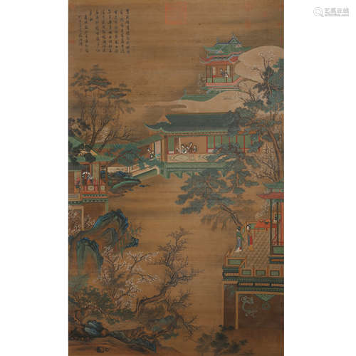 Chinese The Palace Painting Silk Scroll, Qiu Ying Mark