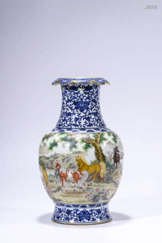 Blue and White Famille Rose Vessel with Inscription