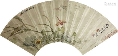 （1898-1958）（1906-1984） 陈旧村、陈负苍 秋塘蜻蜓 设色纸本扇面 镜...
