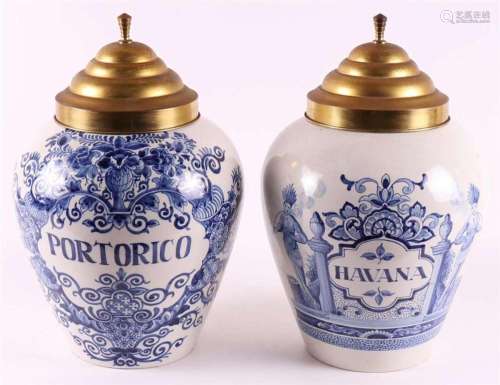 Two earthenware tobacco jars with brass lid, Makkum, 2nd hal...