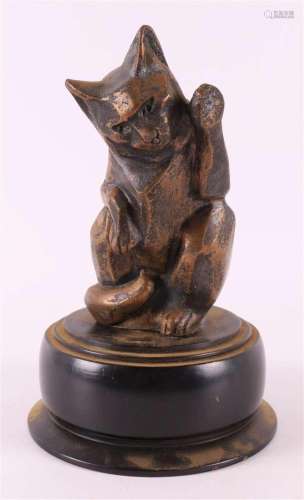 Bronze sitting cat on wooden base, signed 'I. Rochard - ...