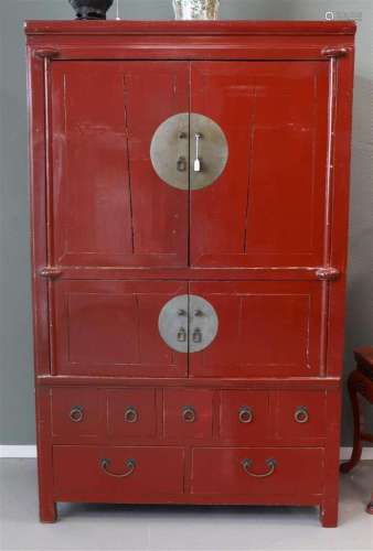 A Chinese red lacquer softwood four-door cabinet, China, cir...