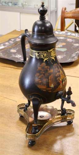A black lacquered pear-shaped tap jug with polychrome landsc...
