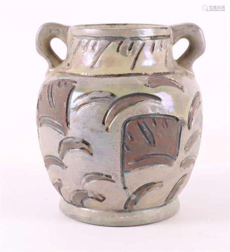 A gray stoneware vase with scrafitto decor, Porseleyne bottl...