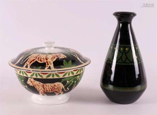 An Art Deco lidded dish + earthenware vase, ca. 1930.