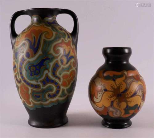 A pottery vase with handles + another, ca. 1930.