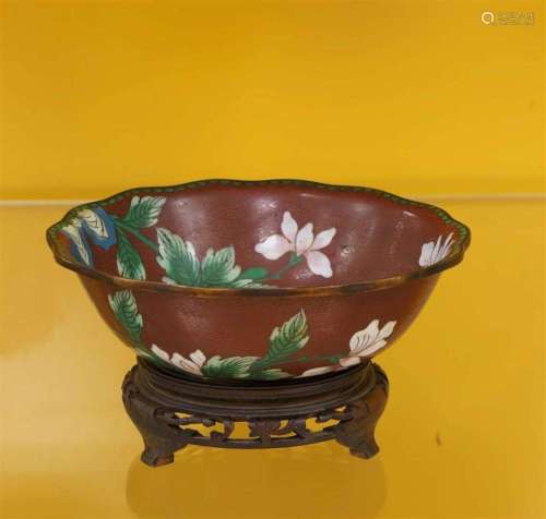 A contoured cloissoné bowl on a loose wooden pedestal, China...