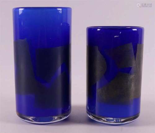 Two blue glass serica cylindrical vases with silver layer, M...