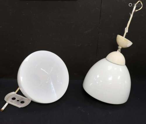 Two white glass school lamps on a white lacquered frame, ca....