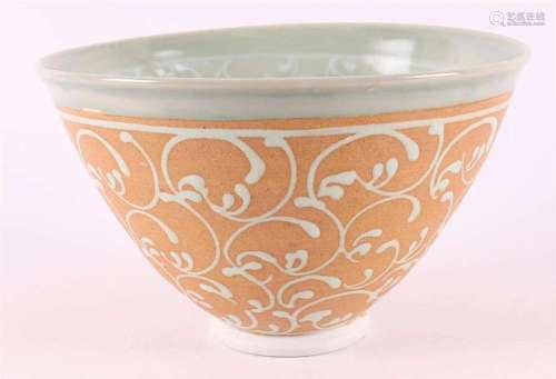 A celadon/terra porcelain conical bowl on a base ring, moder...