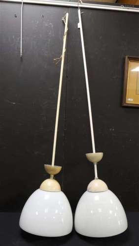 Two white glass school lamps on a white lacquered frame, ca....