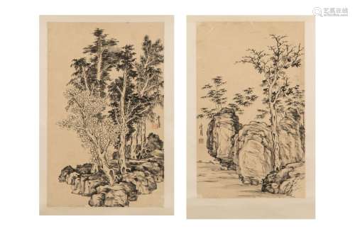 TAO LENGYUE (1895-1985), INK ON PAPER ROCKS&TREES