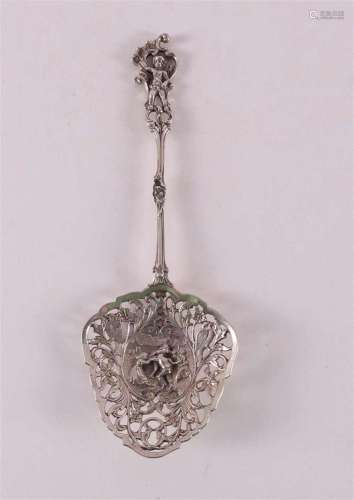 A silver sugar sprinkle spoon, richly decorated, year letter...