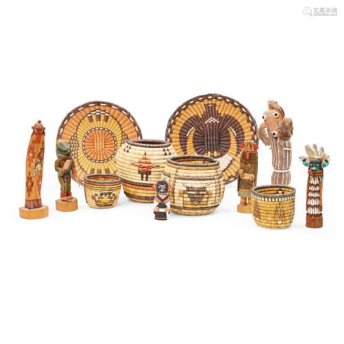 A group of Hopi baskets and katsina dolls