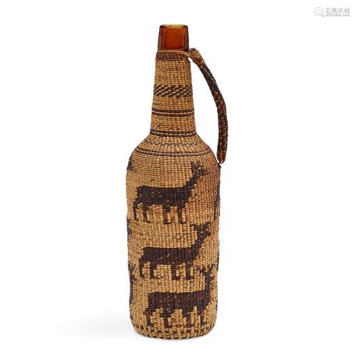 A Northwest California pictorial basketry-covered bottle