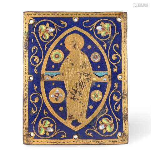 A SMALL LIMOGES COPPER-GILT AND ENAMELLED PANEL, POSSIBLY 13...