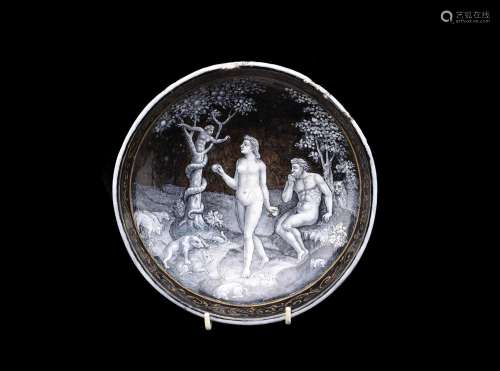 A RARE LIMOGES GRISAILLE AND GILT ENAMEL BOWL 'ADAM AND EVE ...